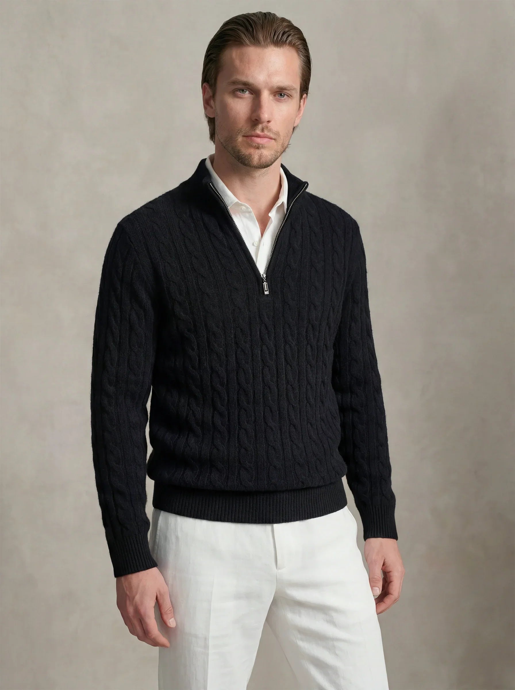 Cable Cashmere Half-Zip Black