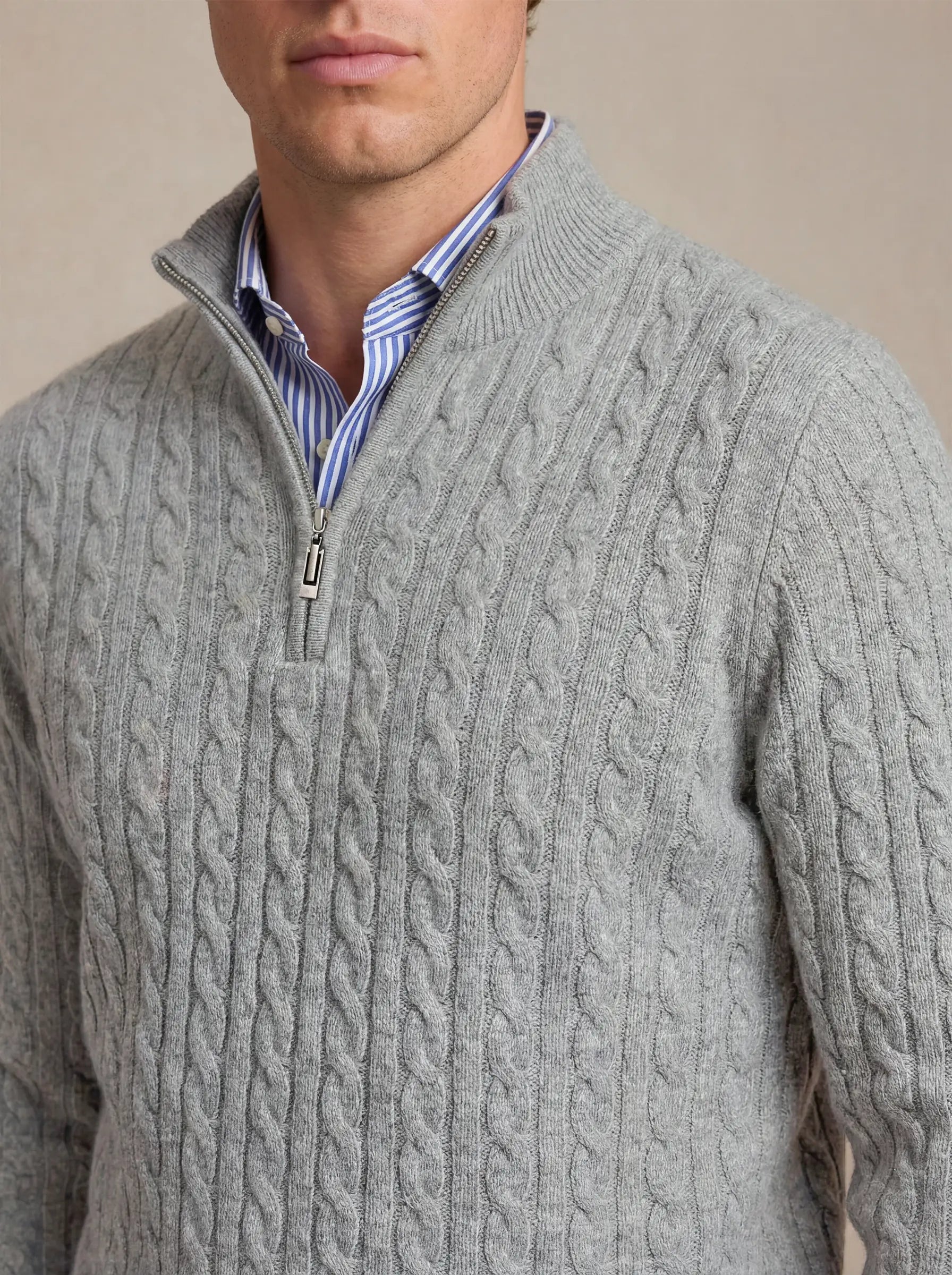 Cable Cashmere Half-Zip Light Grey